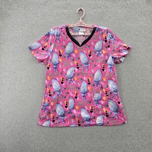 Dreamworks Trolls Scrub Top L Pink Graphic Print Troll Hearts Short Sleeve